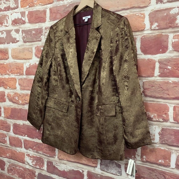 Bar III Blazer Women’s Size 14W Gold Burgundy Red Burnished Metallic Jacket - Picture 3 of 10